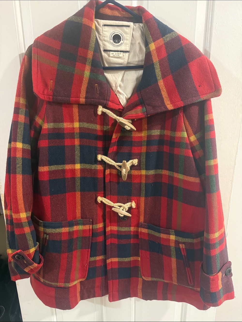Anthropologie Wool Plaid Toggle Pea Coat - Red Multi